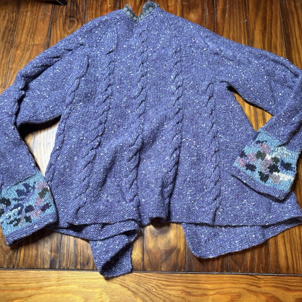 Muir & Osborne Handmade Pure Wool Purple Floral Cable Knit Open Sweater Vtg - Picture 6 of 10